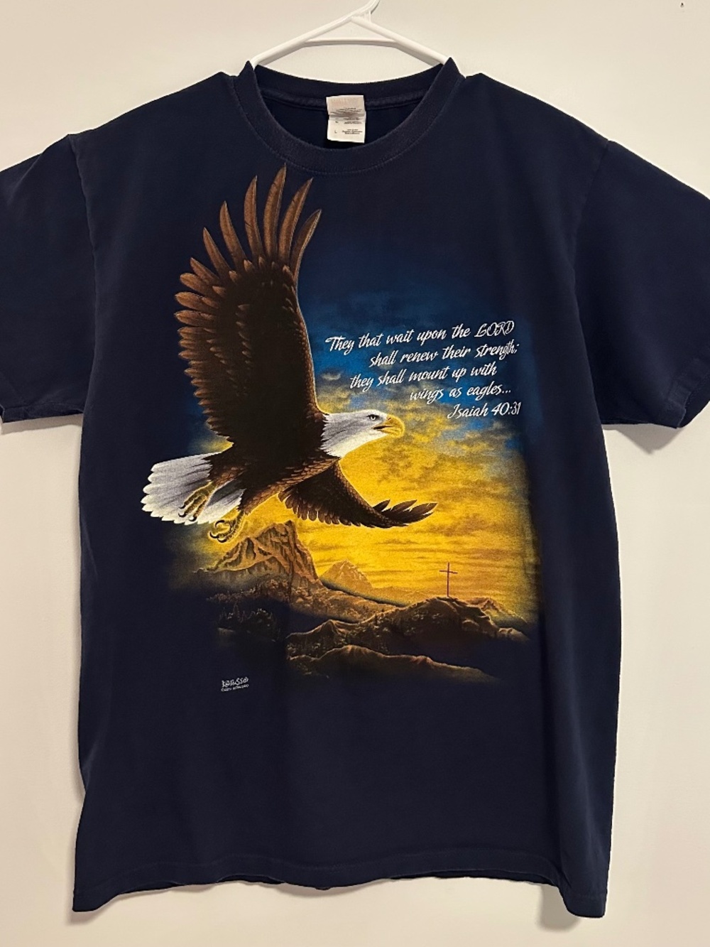 Isaiah 40:31 Bible Verse Bald Eagle Print T-Shirt Large Blue Y2K Short Sleeve